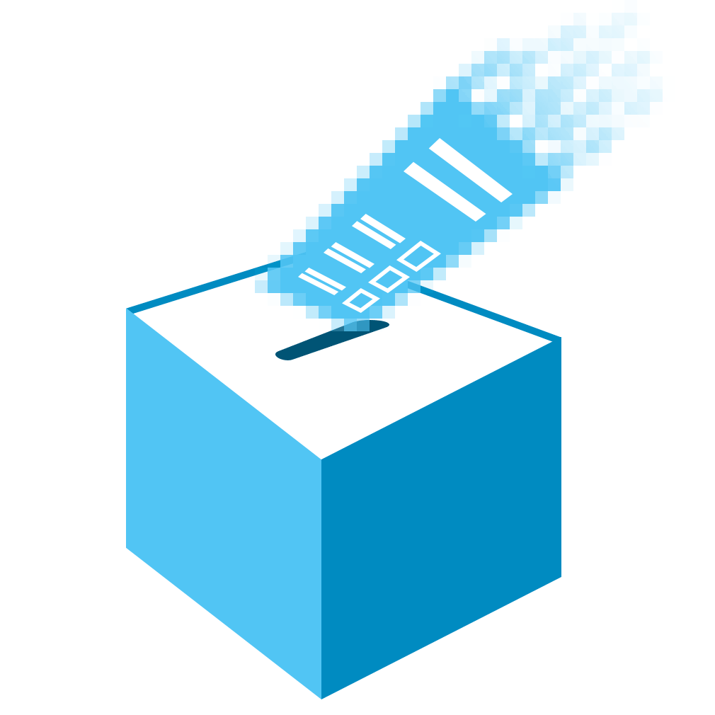 Graphic for CDT's Elections & Democracy work. White background, with a light and dark blue colored ballot box – and a ballot with a digitized trail.