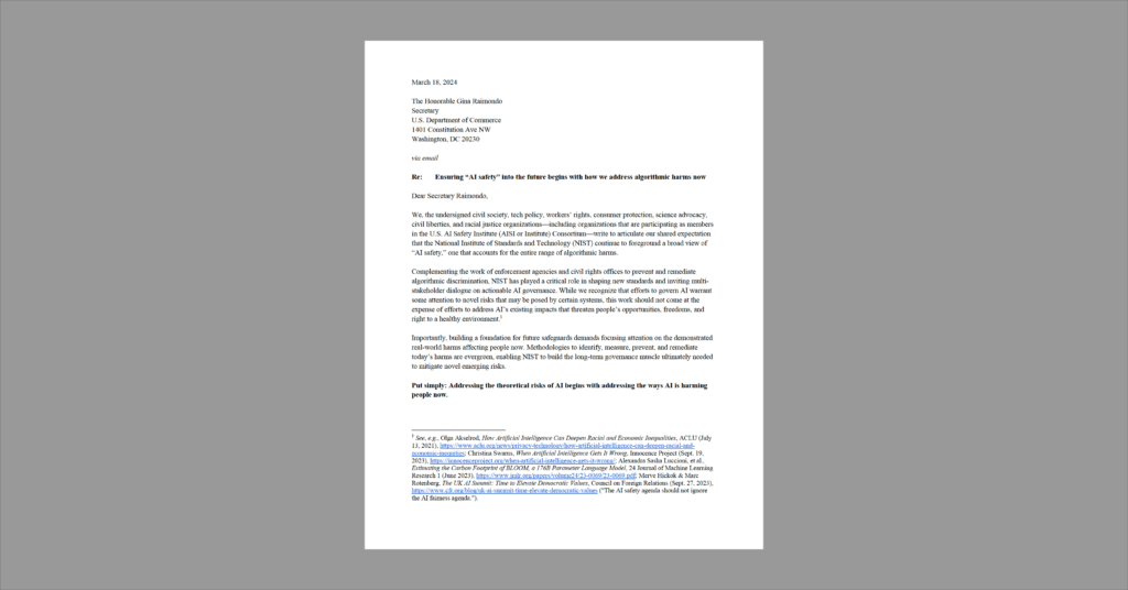 Ensuring “AI safety” into the future begins with how we address algorithmic harms now. White document on grey background.