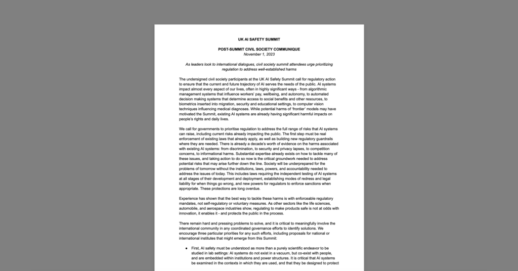 CDT, Civil Society Reps to UK AI Safety Summit Urge Focus on AI Risks to People’s Rights. White document on a grey background.